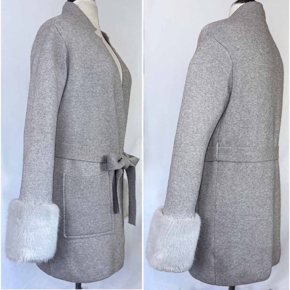 LOVE TOKEN Women Medium Light Gray Knit Faux Fur Trim GINNY Belted Cardigan EUC - Picture 3 of 9